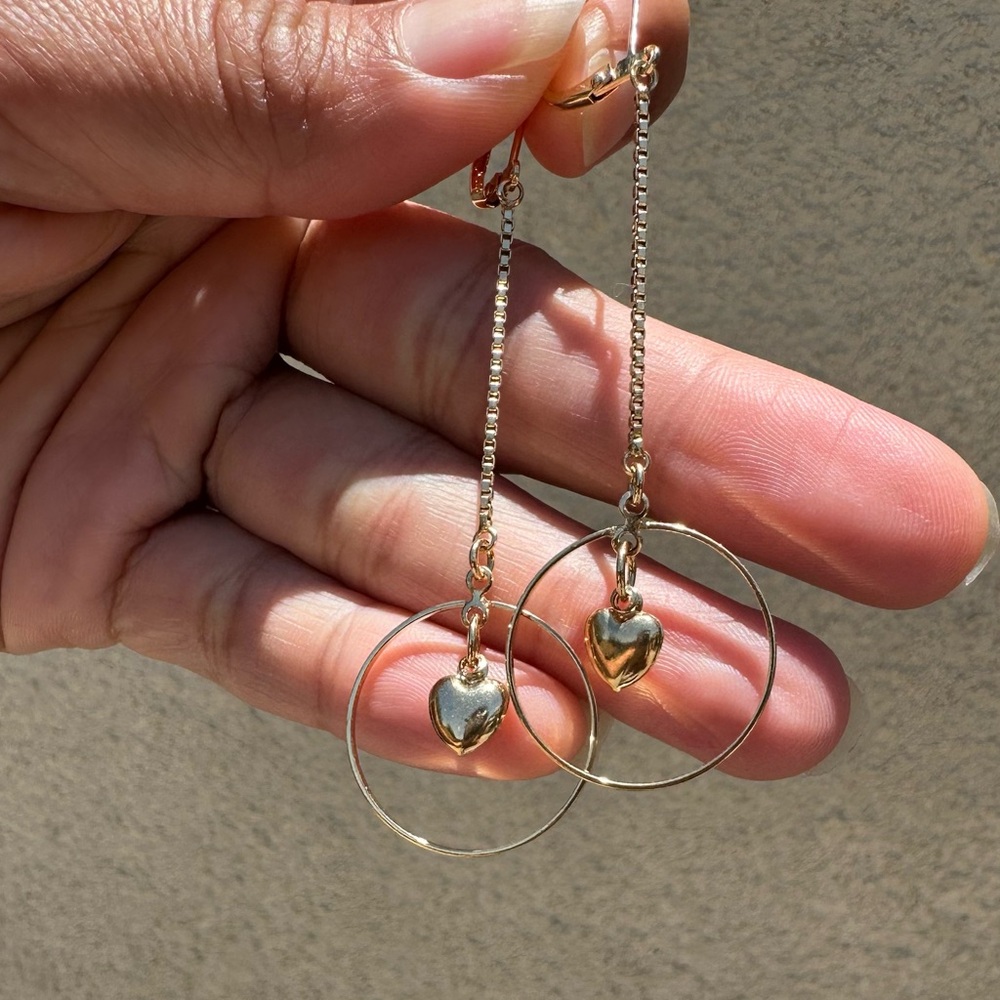 Gold Plated Heart Dangle Hoop Earrings, BRAND NEW!